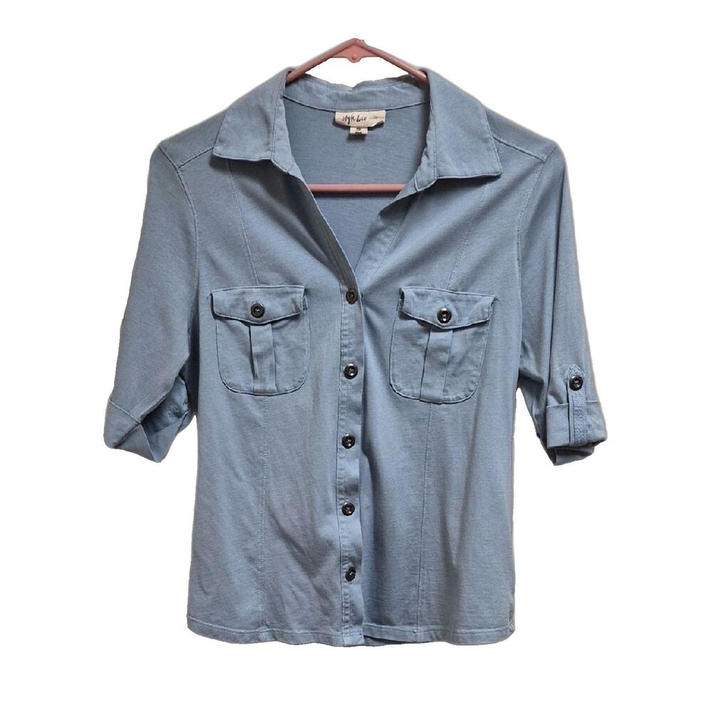 Style & Co Women's PM Light Blue Chambray Cotton Roll Tab Sleeve Button Up